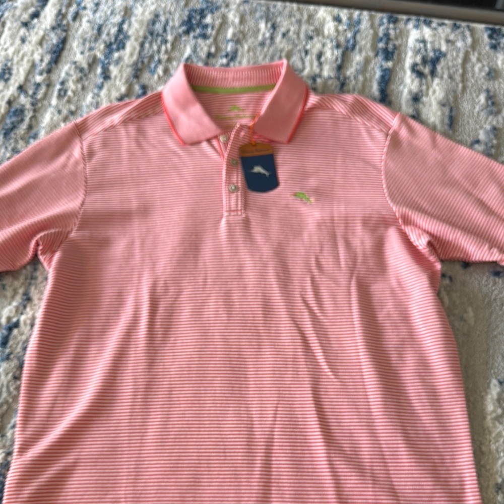Tommy Bahama orange and White Striped Polo